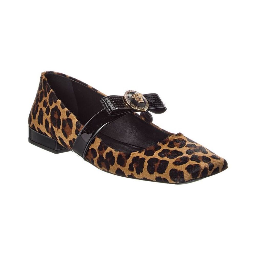 Versace Ribbon Haircalf & Patent Ballerina Flat, Brown